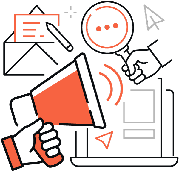 Importação de revenda Ilustração gráfica transfronteiriça da CE de ferramentas de marketing digital, tais como megafone, ícone de pesquisa, celular, documentos, etc., representada em esquema de cores laranja e preto.